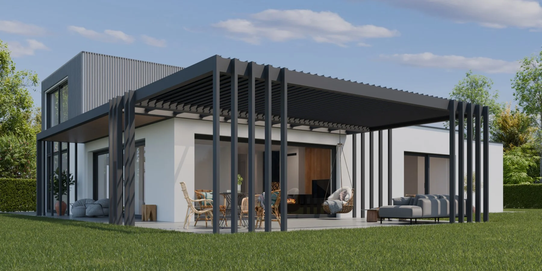Bioklimatska pergola Agava z zaprtimi lamelami nad teraso s sedežno garnituro